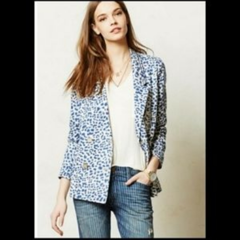 Cartonnier Anthropologie Blue and White Cheetah Print Double Breasted Blazer S